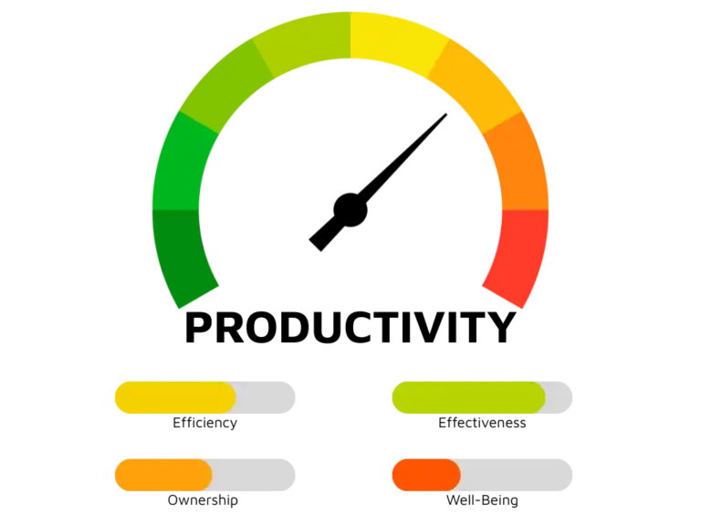 Corporate productivity expert productivity gauge showing the 4 vectors: efficiency, effectiveness, ownership, and well-being