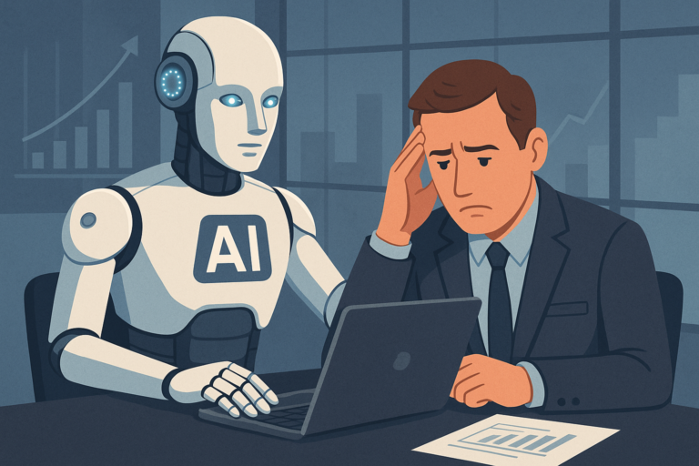 Illustration of AI robot taking control from a worried data analyst, symbolizing the debate on whether AI will make analytics obsolete.