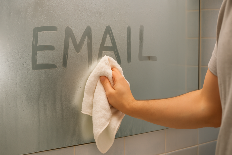 Digital Declutter Checklist: 4 Areas You Should Tidy Like Your Bathroom Mirror 8 Person wiping steam off a bathroom mirror to reveal the word "EMAIL", representing a visual metaphor from a digital declutter checklist about clearing inbox overload.