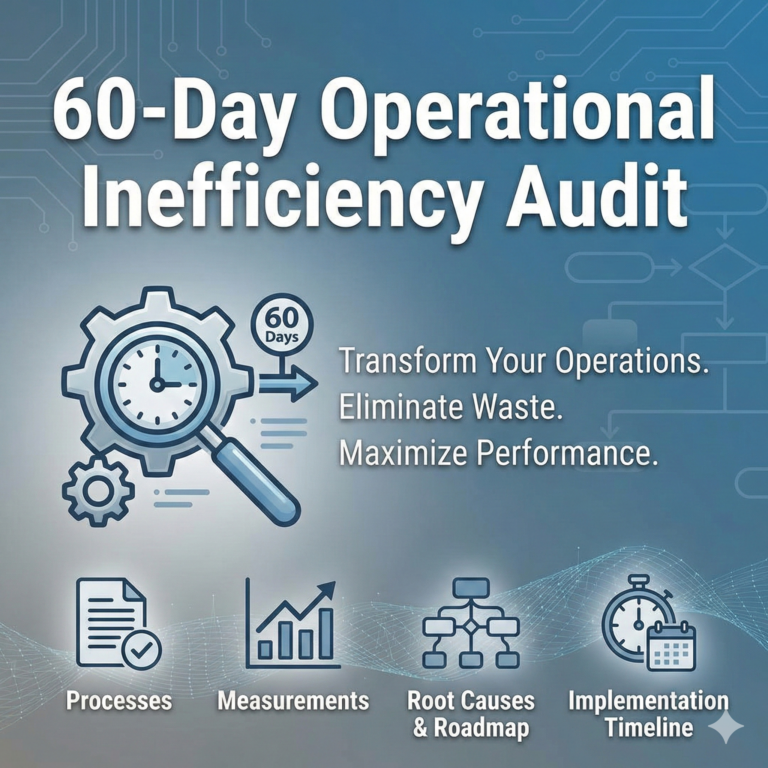 Cover image for the 60-Day Operational Inefficiency Audit toolkit, featuring a stylized clock and gear icon alongside visual steps for process mapping, measurement, root cause analysis, and implementation timelines, designed to help businesses eliminate waste and maximize performance.