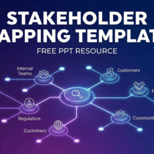 A professional presentation cover titled "STAKEHOLDER MAPPING TEMPLATE" set against a dark blue background. A glowing, neon-style network diagram connects a central focal point to various stakeholder groups labeled Internal Teams, Customers, Partners, Community, and Regulators. The subtitle "FREE PPT RESOURCE" appears below the main title, with the author's name, Santiago Tacoronte, in the bottom right corner.