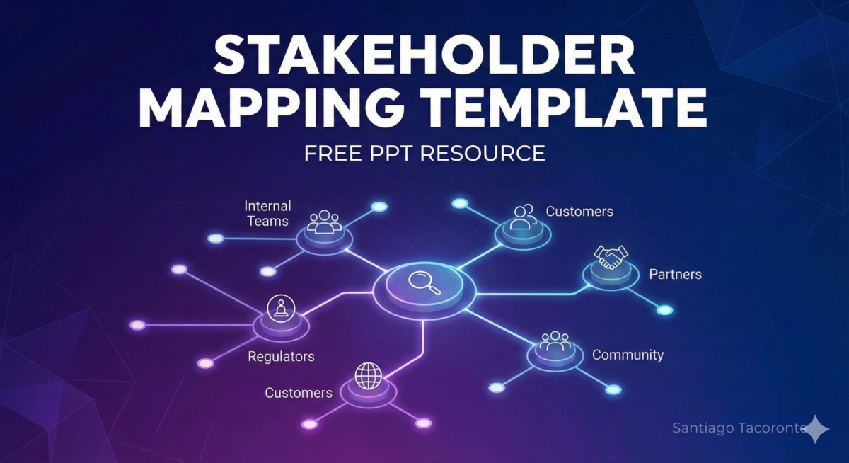A professional presentation cover titled "STAKEHOLDER MAPPING TEMPLATE" set against a dark blue background. A glowing, neon-style network diagram connects a central focal point to various stakeholder groups labeled Internal Teams, Customers, Partners, Community, and Regulators. The subtitle "FREE PPT RESOURCE" appears below the main title, with the author's name, Santiago Tacoronte, in the bottom right corner.