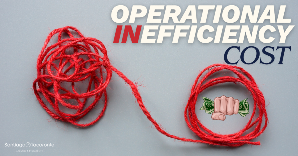 Red rope forming a tangled ball on the left and a neat loop around a fist holding money on the right, illustrating the cost of operational inefficiency.