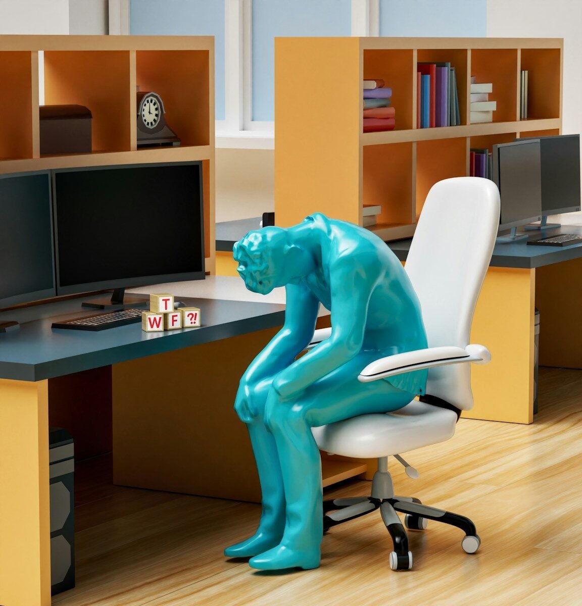 a statue of a person sitting on a chair in front of a desk sufferung from toxic corporate practices