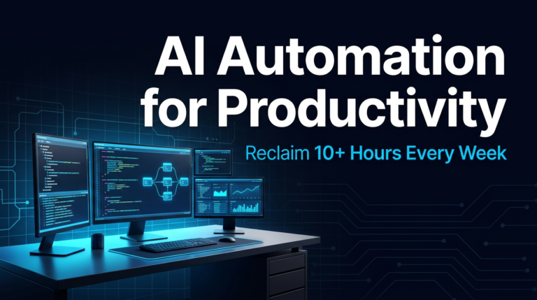 AI automation for productivity setup with multi-monitor workflow and automation diagrams