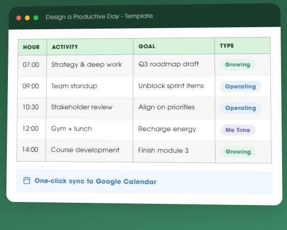 Free Google Sheets template showing how to plan a productive day with 30-minute time blocks, goals, and activity types like Growing, Operating, and Me Time