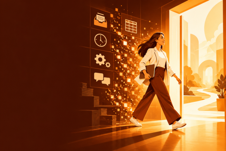 AI Will Take Your Job, and Nobody Has a Plan to Help You 3 A professional walks through an open doorway, leaving behind automated routine tasks, toward a brighter career ahead