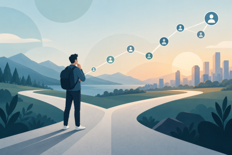 3000 visitors maximum per month.
Get the app now! 6 A professional at a crossroads following a path of networking connections toward a city skyline